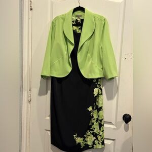 Elegant Black and Green Floral Dress with Jacket